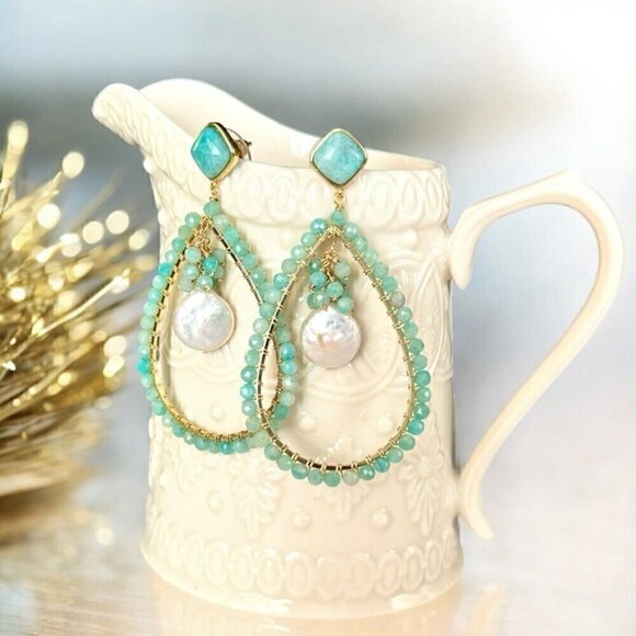 NEW Statement Chandelier Earrings Beaded Natural Amazonite Fresh Water Pearl 18K - Picture 8 of 12